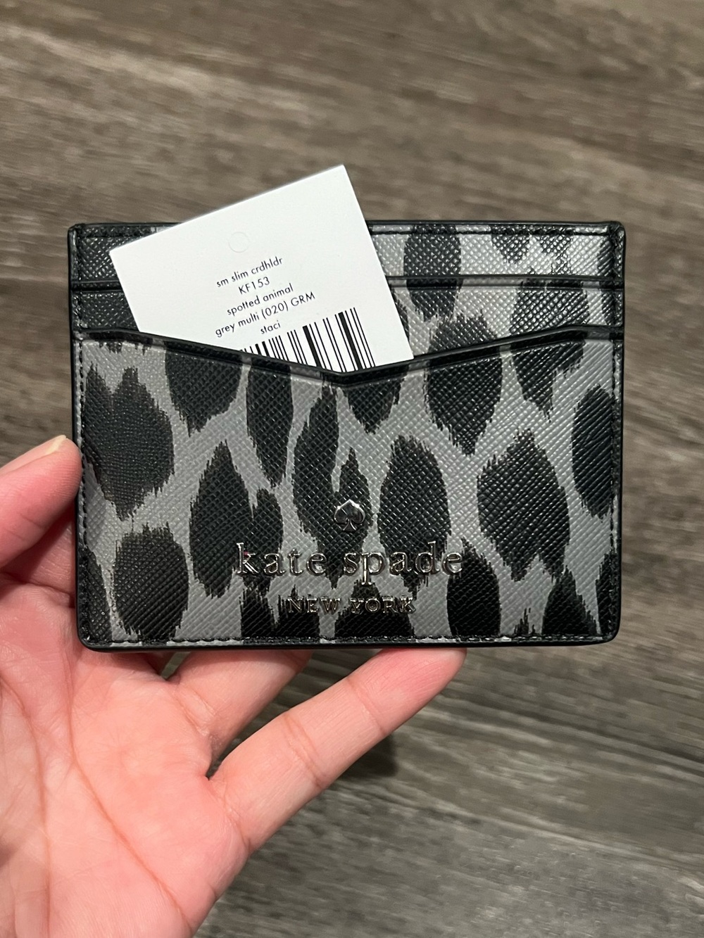 NWOT Kate Spade Staci small slim cardholder, spotted animal grey multi print